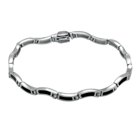 Sterling Silver Whitby Jet Eighteen Stone Wavy Link Bracelet. B570