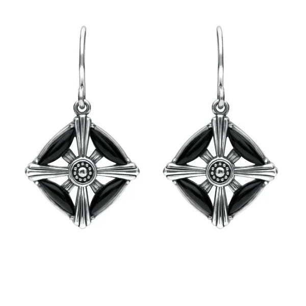 Sterling Silver Whitby Jet 4 Stone Square Cross Drop Earrings. E1954