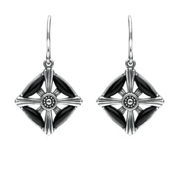 Sterling Silver Whitby Jet 4 Stone Square Cross Drop Earrings. E1954