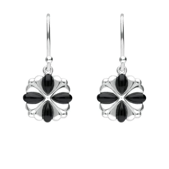 Sterling Silver Whitby Jet 4 stone Cross Drop Earrings. E1957
