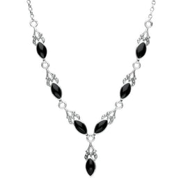 Sterling Silver Whitby Jet Seven Stone Marquise Necklace. N159.