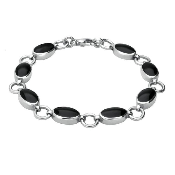 Sterling Silver Whitby Jet 8 Stone Round Ring Bracelet. B190