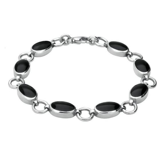 Sterling Silver Whitby Jet 8 Stone Round Ring Bracelet. B190