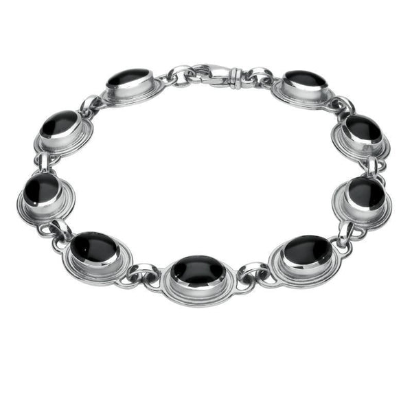 Sterling Silver Whitby Jet 9 Stone Oval Bracelet. B227