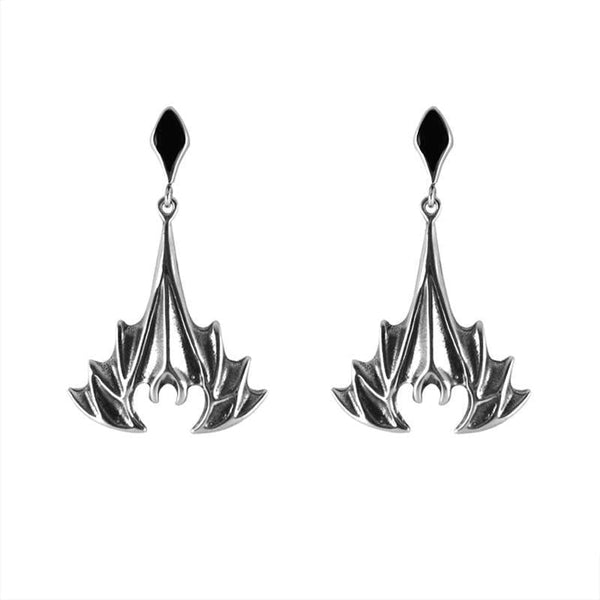 Sterling Silver Whitby Jet Abstract Bat Drop Earrings E1582