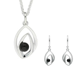 Sterling Silver Whitby Jet Abstract Flame Two Piece Set