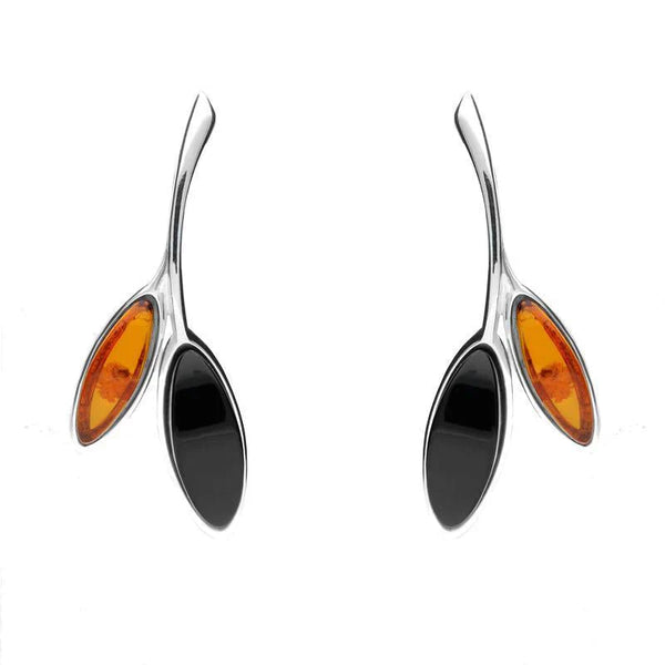 Sterling Silver Whitby Jet Amber Two Leaf Drop Stud Earrings E2433