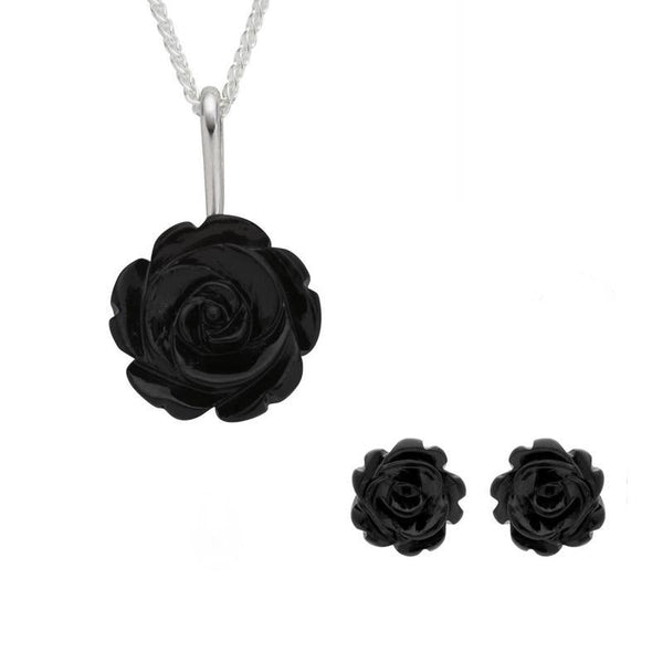 Sterling Silver Whitby Jet Carved Rose Two Piece Set