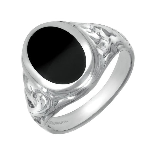 Sterling Silver Whitby Jet Carved Shoulder Oval Signet Ring
