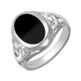Sterling Silver Whitby Jet Carved Shoulder Oval Signet Ring