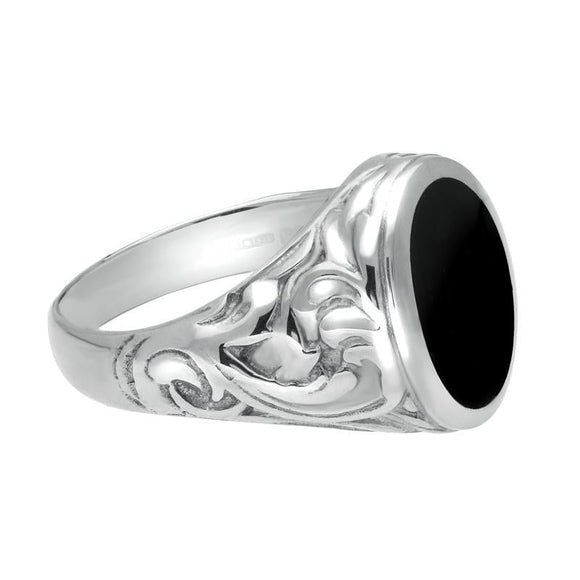 Sterling Silver Whitby Jet Carved Shoulder Oval Signet Ring