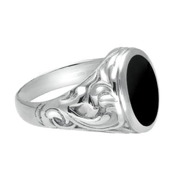 Sterling Silver Whitby Jet Carved Shoulder Oval Signet Ring