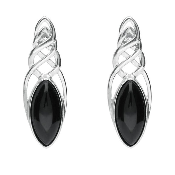 Sterling Silver Whitby Jet Celtic Long Marquise Stud Earrings E994