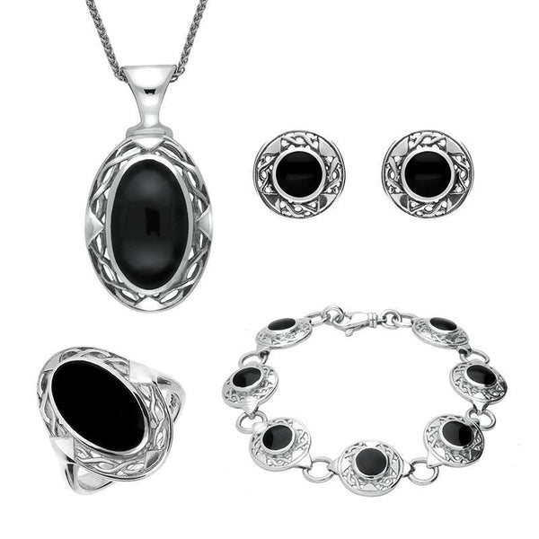 Sterling Silver Whitby Jet Celtic Oval Four Piece Set. S013 