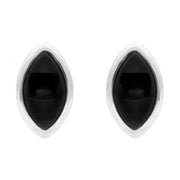 Sterling Silver Whitby Jet Curved Marquise Stud Earrings. e1657.