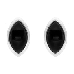 Sterling Silver Whitby Jet Curved Marquise Stud Earrings. e1657.