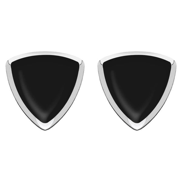 Sterling Silver Whitby Jet Curved Triangle Stud Earrings. E203.