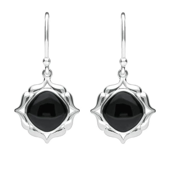 Sterling Silver Whitby Jet Cushion Fancy Edged Drop Earrings E2315