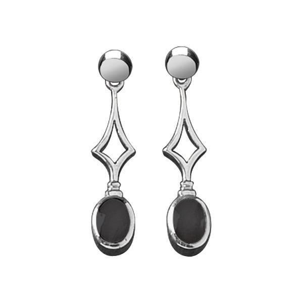 Sterling Silver Whitby Jet Diamond Shape Oval Drop Earrings. E143