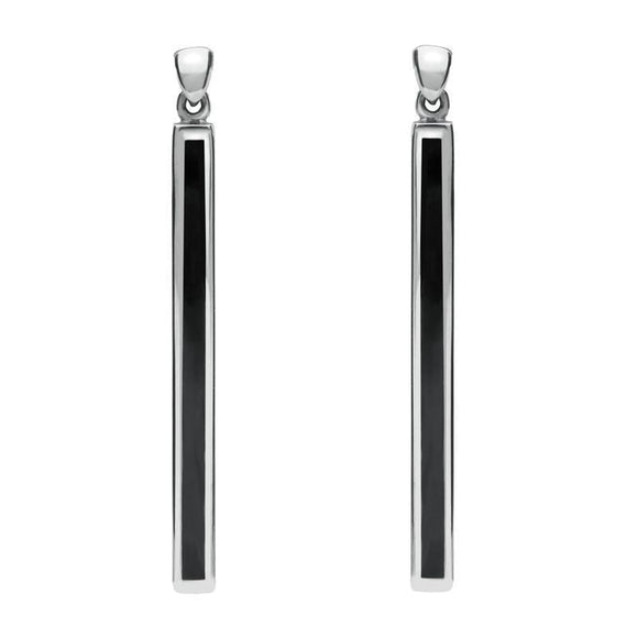 Sterling Silver Whitby Jet Extra Long Slim Drop Earrings. E1070.