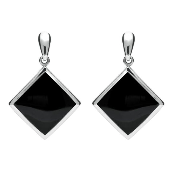 Sterling Silver Whitby Jet Rhombus Drop Earrings. E078.
