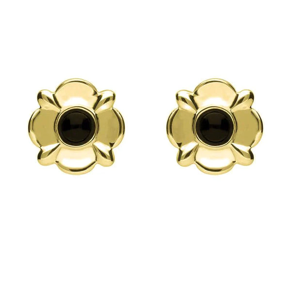 9ct Yellow Gold Whitby Jet Four Petal Flower Stud Earrings. E1624.