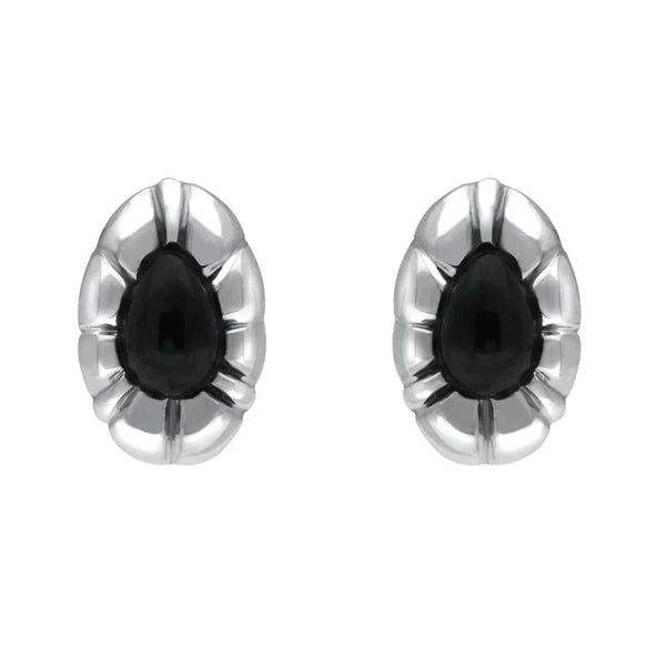 Sterling Silver Whitby Jet Framed Pear Stud Earrings