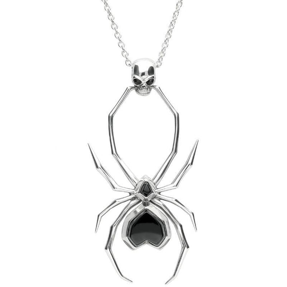 Sterling Silver Whitby Jet Gothic Spider Skull Necklace, P2038C.