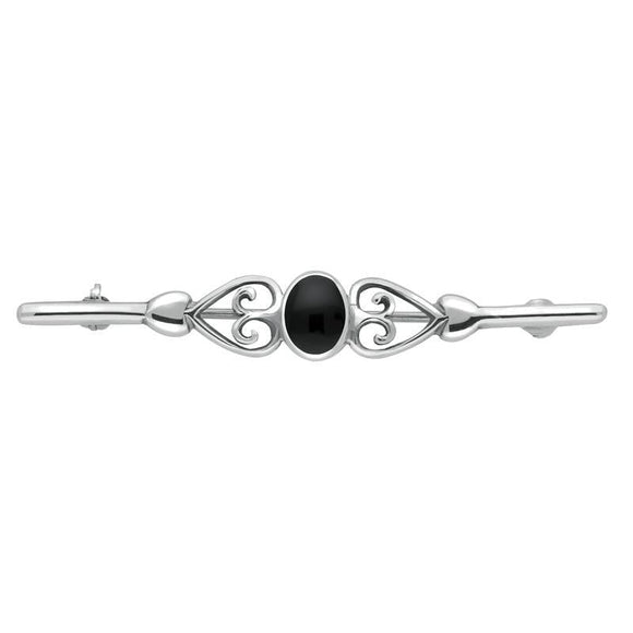 Sterling Silver Whitby Jet Heart Bar Brooch. M021.