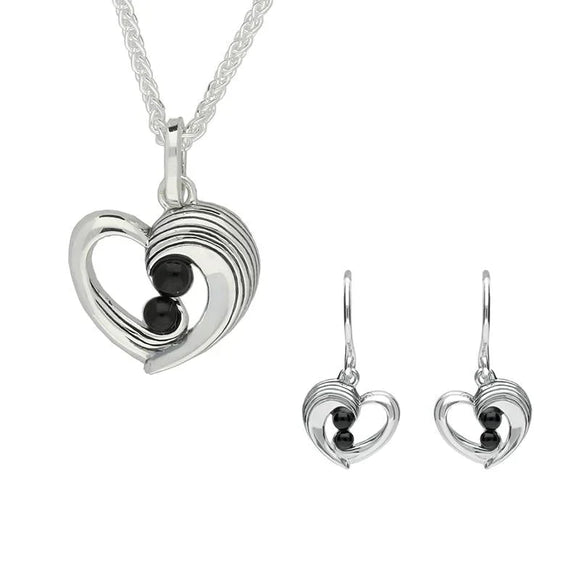 Sterling Silver Whitby Jet Jet Half Ridge Stone Heart Two Piece Set. S032