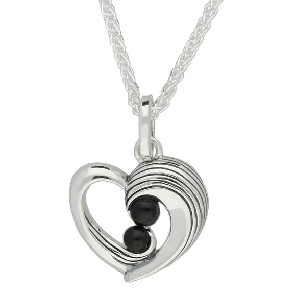 Sterling Silver Whitby Jet Jet Half Ridge Stone Heart Two Piece Set. S032