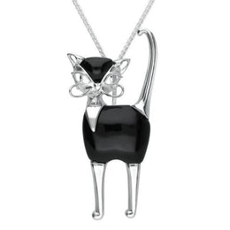 Sterling Silver Whitby Jet Large Cat Necklace, P3439. 