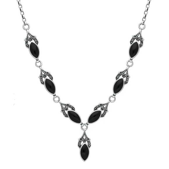 Sterling Silver Whitby Jet Marcasite 7 Stone Pave Marquise Necklace. N896