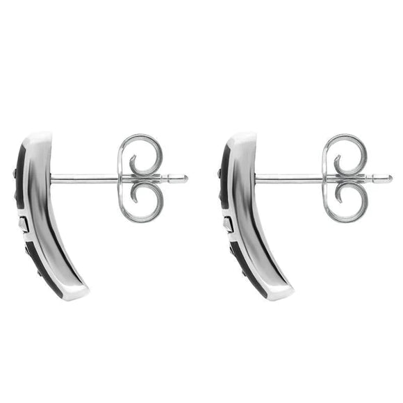 Sterling Silver Whitby Jet Marcasite Cross Barrel Stud Earrings. e611.