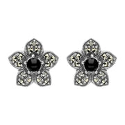 Sterling Silver Whitby Jet Marcasite Flower Stud Earrings E1696