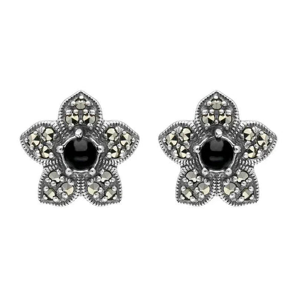 Sterling Silver Whitby Jet Marcasite Flower Stud Earrings E1696