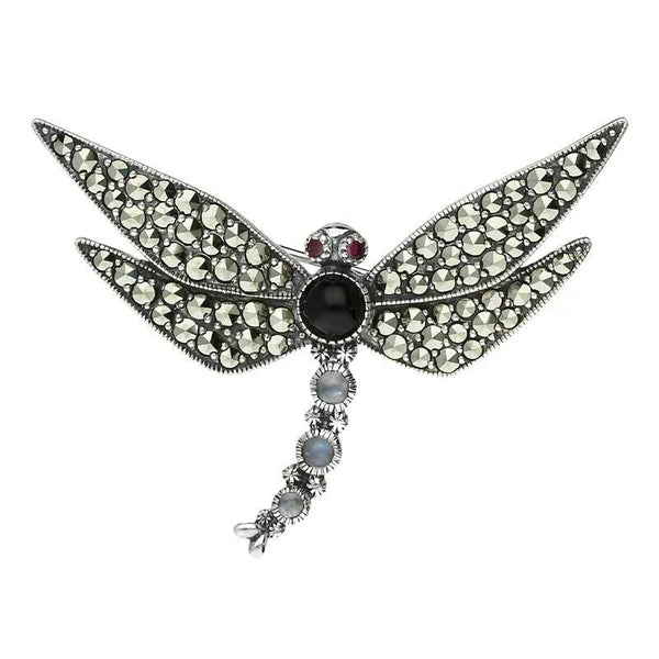Sterling Silver Whitby Jet Marcasite Garnet Moonstone Brooch M296