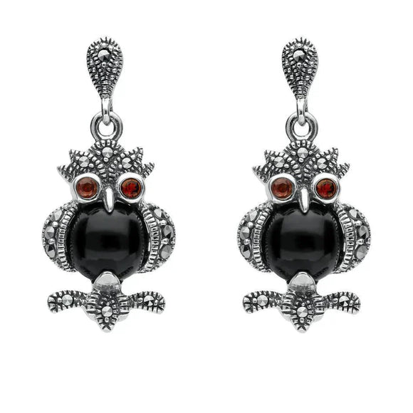 Sterling Silver Whitby Jet Marcasite Garnet Owl Two Piece Set