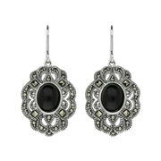 Sterling Silver Whitby Jet Marcasite Lace Edge Oval Drop Earrings E2148