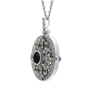 Sterling Silver Whitby Jet Marcasite Large Oval Flower Edge Locket Necklace, P2221