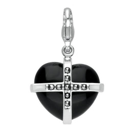 Sterling Silver Whitby Jet Marcasite Medium Cross Heart Charm G781