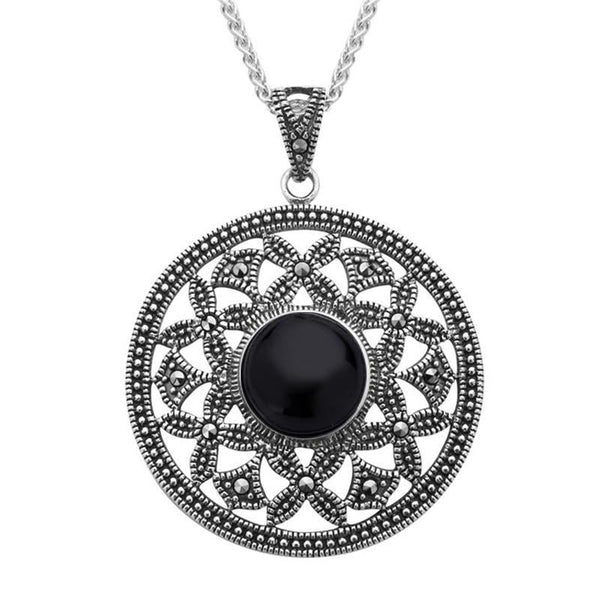 Sterling Silver Whitby Jet Marcasite Open Circle Necklace, P2142.
