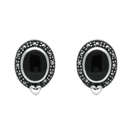 Sterling Silver Whitby Jet Marcasite Oval Framed Stud Earrings. E876. 
