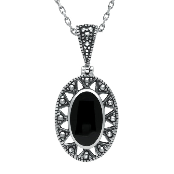 Sterling Silver Whitby Jet Marcasite Oval Necklace. P1323.