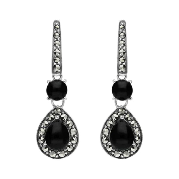 Sterling Silver Whitby Jet Marcasite Pear Drop Earrings E1703