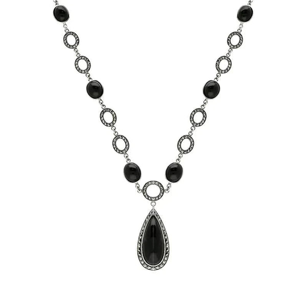 Sterling Silver Whitby Jet Marcasite Pear Drop Oval Chain Necklace, N915.