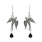 Sterling Silver Whitby Jet Marcasite Swallow Drop Earrings E2486