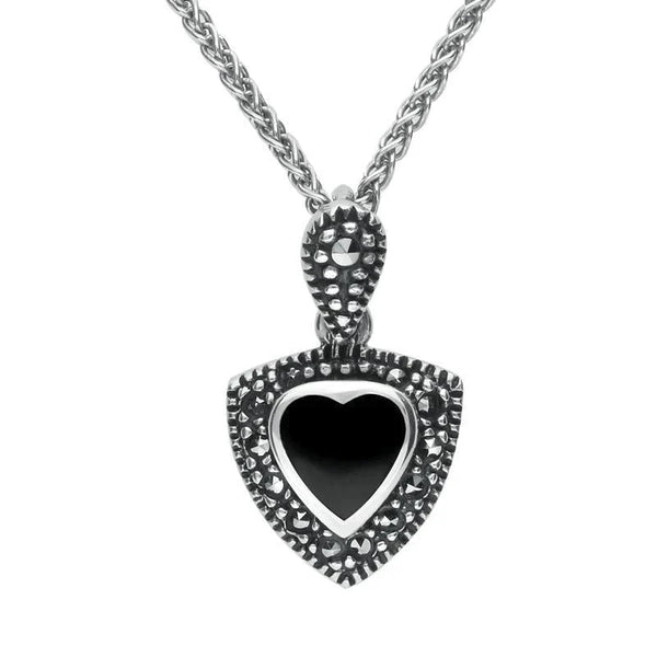 Sterling Silver Whitby Jet Marcasite Triangle Heart Necklace P1321