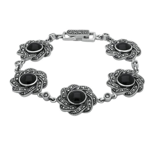Sterling Silver Whitby Jet & Marcasite Twisted Ribbon Bracelet. B879
