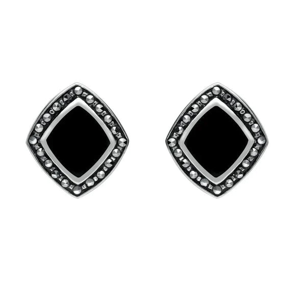 Sterling Silver Whitby Jet Marcasite Wide Rhombus Framed Stud Earrings. E936.